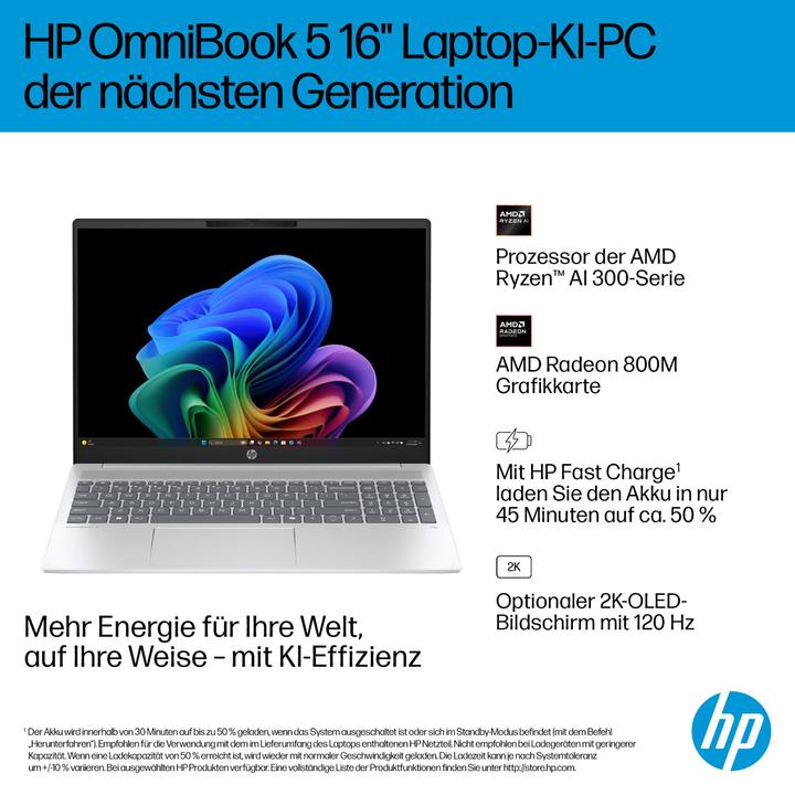 Produktbild HP OmniBook 5 NGAI 16" 2K OLED Ryzen AI 7 350 32GB/1TB SSD Win11 Home - 16-AG1477NG (16", 1000 GB, 32 GB, DE)