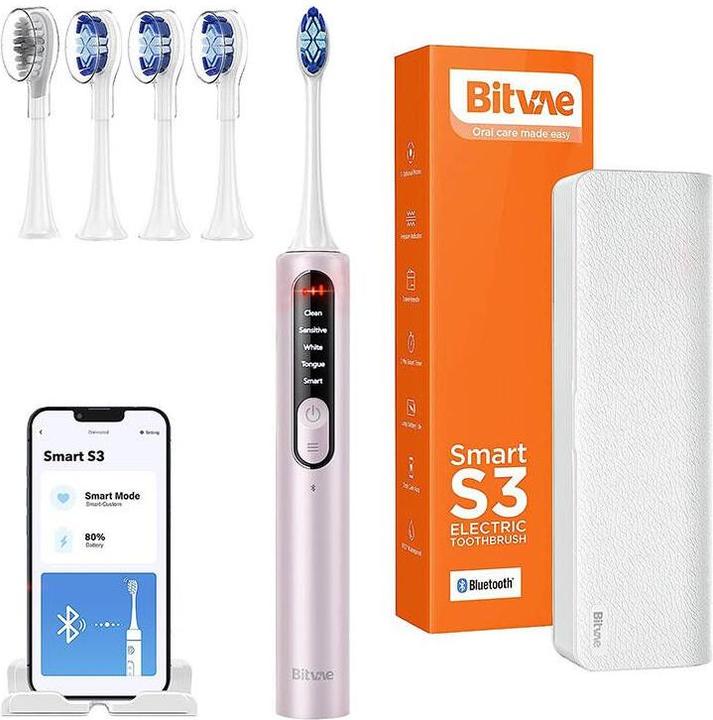 Image du produit Bitvae Brosse à dents Sonic avec application, jeu d'embouts et étui de voyage S2 (blanc) (Brosse à dents sonique)