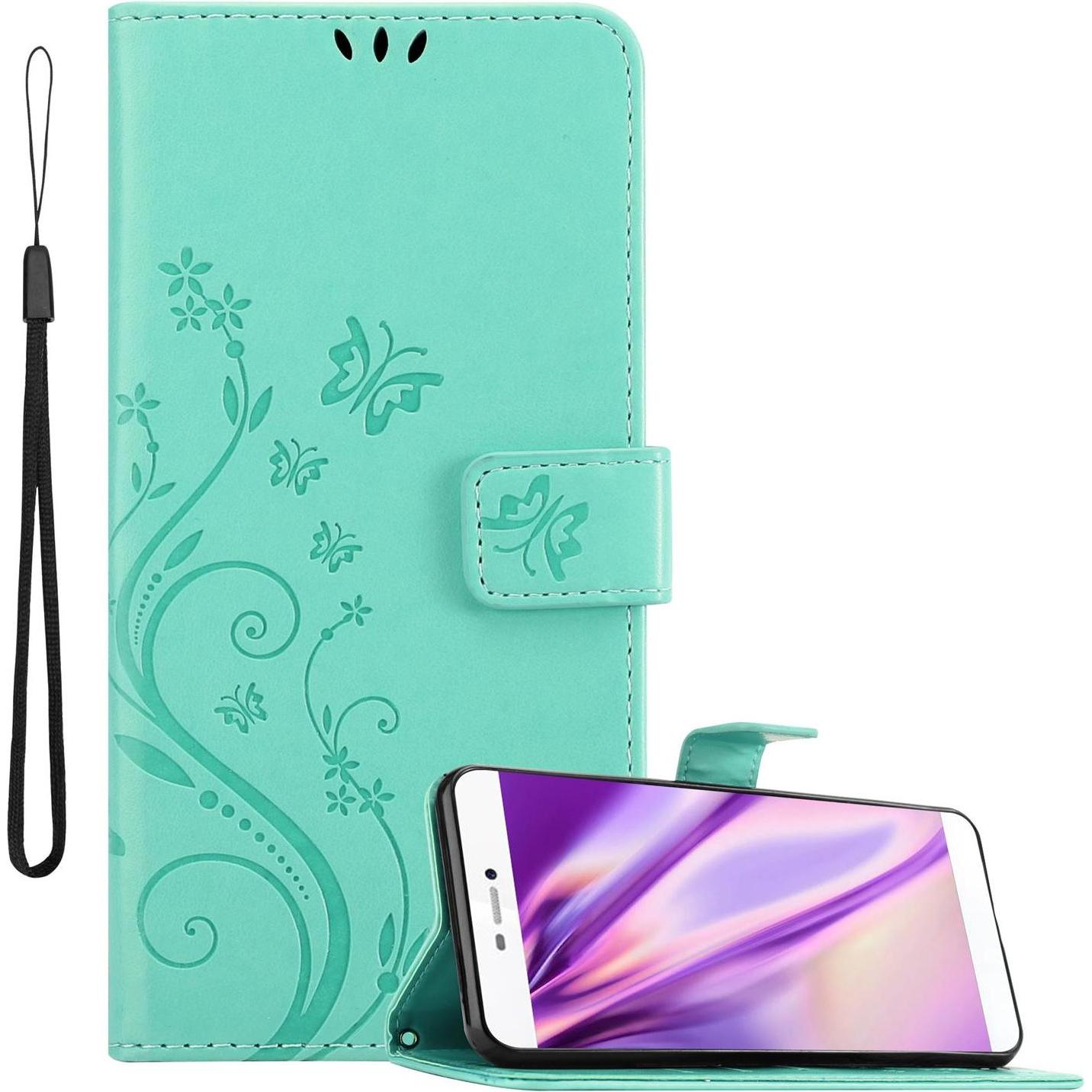 Cadorabo Flower Book Cover (Huawei P8), Smartphone Hülle, Türkis