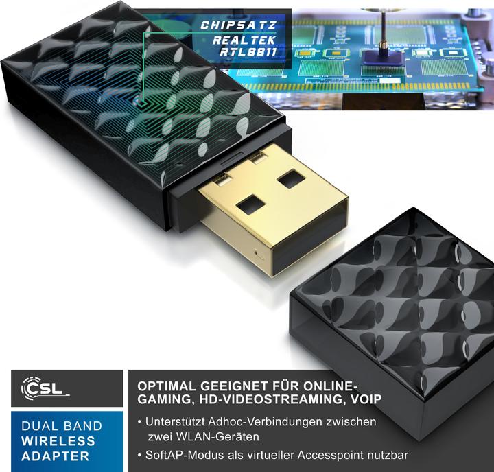 Immagine prodotto CSL Adattatore WLAN USB, AC450 WIFI Dual Band Stick, 433 MBit/s, 2,4 GHz / 5 GHz, 802.11ac, WPS (USB 2.0)