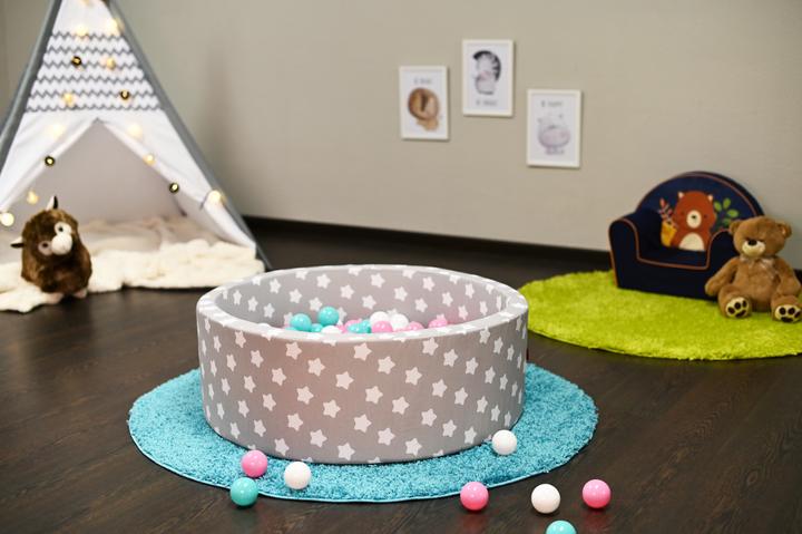 Actual product image Knorrtoys Bällebad soft - "Grey white stars" - 300 balls rose/creme/lightblue (ca. 6cm Durchmesser)