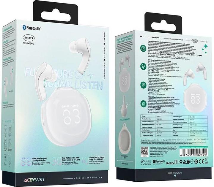 Actual product image Acefast Earphones TWS T9, Bluetooth 5.3, IPX4 (porcelain white) (6.50 h, Wireless)