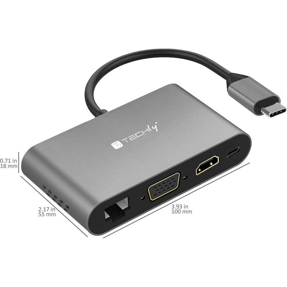 Techly USB Typ-C zu (HDMI, VGA, RJ45, USB 3.1, 15 cm), Data + Video Adapter, Grau