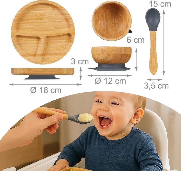 Actual product image Relaxdays - 3-teiliges Kindergeschirr Bambus, Hellbraun/ Grau, 3 x 18 cm