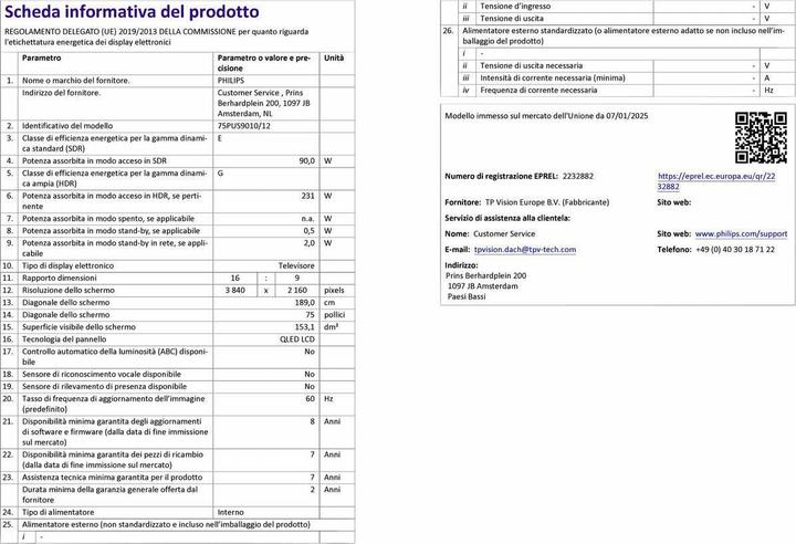 Immagine prodotto Philips 75PUS9010/12 (75", LED, QLED, 4K, 2025, EU)