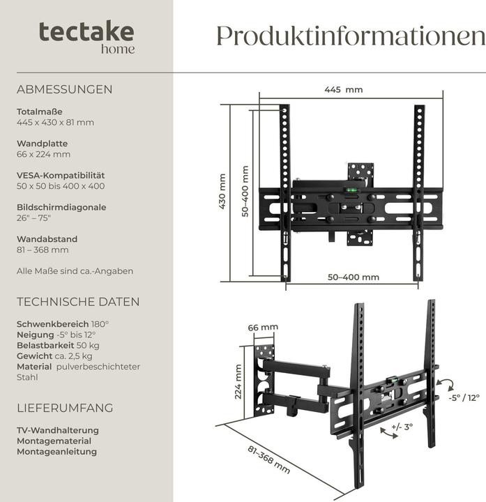 Image du produit tectake Support TV mural (Mur, 50 kg, 26" - 55")