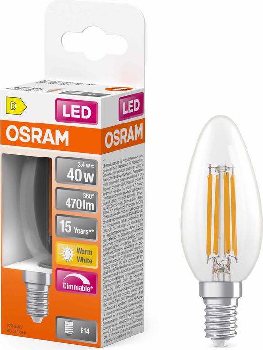Produktbild Osram LED Leuchtmittel LED Retrofit CLASSIC B DIM 3.4W 827 Clear E14 Dimmbar Warm weiss 4099854445712 (E14, 470 lm, 1x)
