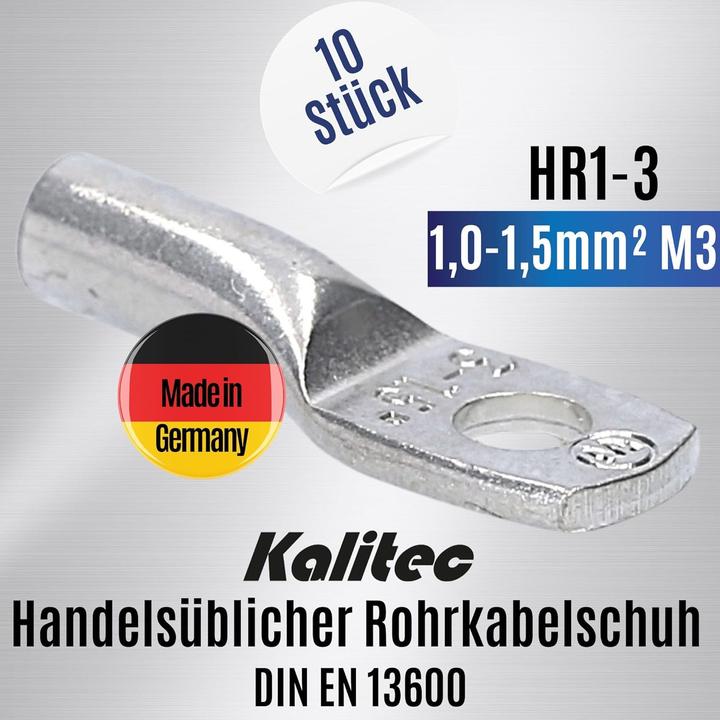 Produktbild Kalitec 10 Stück HR1-3 Handelsübliche Rohrkabelschuhe 1,0-1,5mm² M3 I ohne Sichtloch I Made in Germa