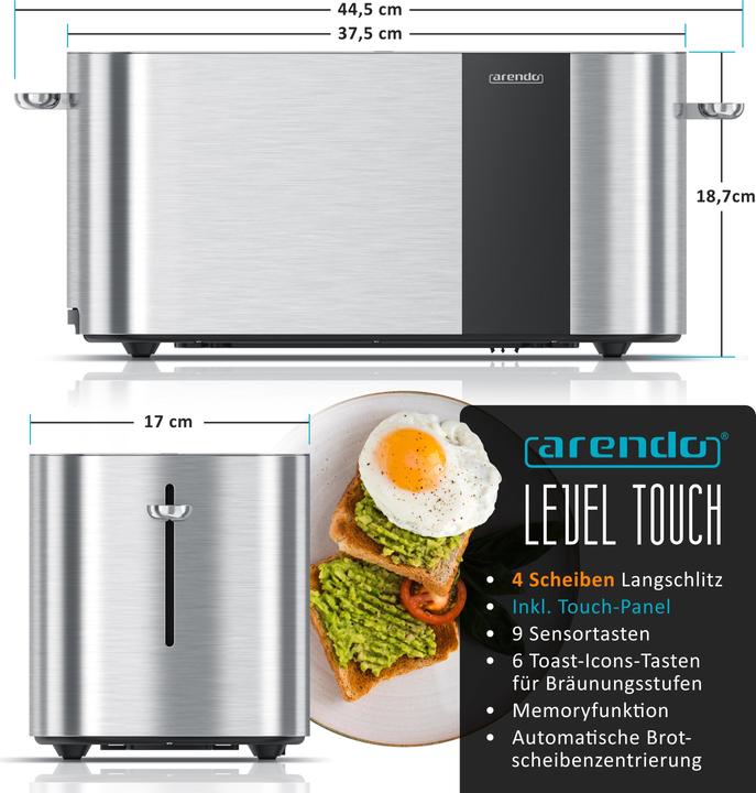 Actual product image Arendo Toaster Edelstahl 4 Scheiben Langschlitz, Touch Display, Restzeit & Bräunungsgradanzeige, 1500 W (EU plug)