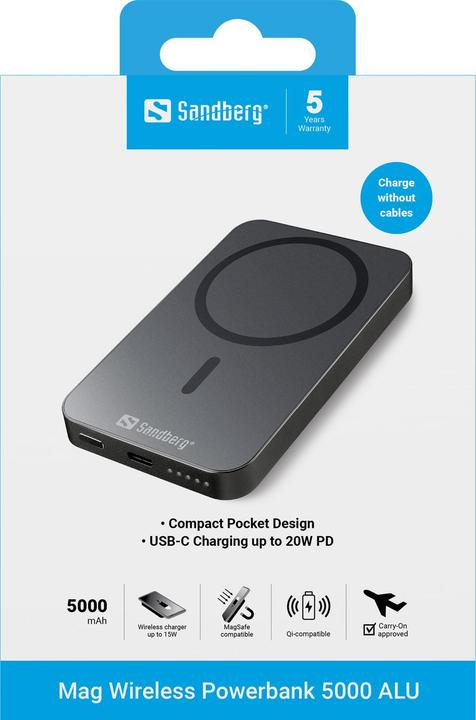 Produktbild Sandberg Mag Wireless Powerbank 5000ALU (5000 mAh, 20 W, 19.25 Wh)