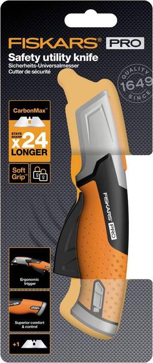Produktbild Fiskars Pro Sicherheits-Universalmesser mit einziehbarer Klinge, Länge 17,7 cm, Rostfreier Stahl/Kun (Cutter)