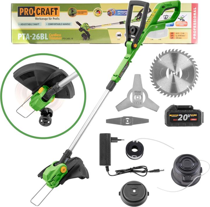Produktbild Procraft PTA-26BL Akku Trimmer 20 V 300 mm Brushless + 1x Akku 3,0 Ah + Ladegerät (Metallschneideblatt, Trimmfaden)