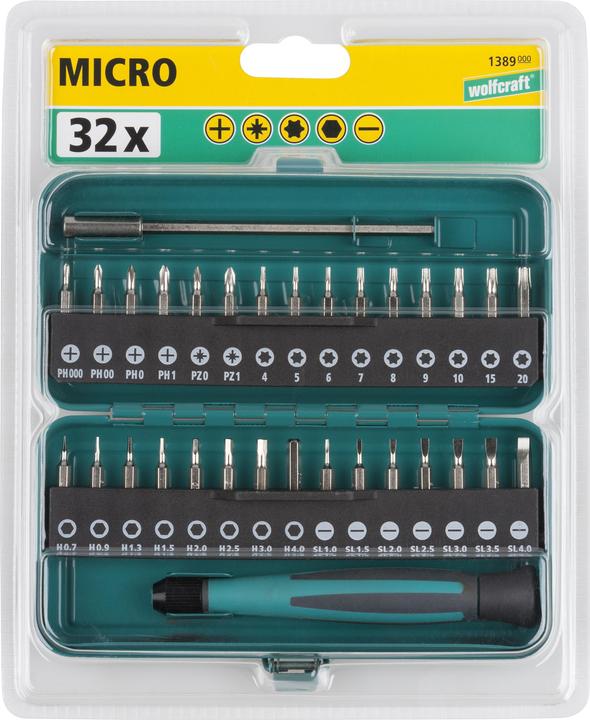 Actual product image wolfcraft wolfcraft 1 Micro Bit Box Solid 32 pcs. (Cross Phillips PH M1, Hexagon socket TX M5, Cross Phillips PH M0, Cross Pozidriv PZ M1, Hexagon socket TX M10, Hexagon socket TX M15, Hexagon socket TX M20, Phillips PH M000 cross, Cross Phillips PH M00, Cross Pozidriv PZ M0, Hexagon socket TX M4, Hexagon socket TX M6, Hexagon socket TX M7)