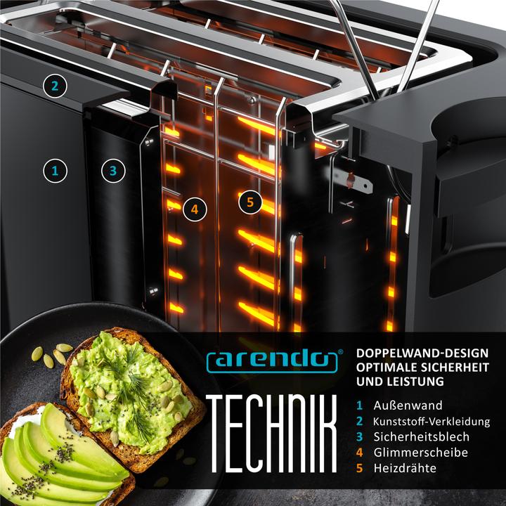 Produktbild Arendo Toaster Edelstahl 2 Scheiben Kurzschlitz, Brötchenaufsatz, Display mit Restzeitanzeige, Touchpanel
