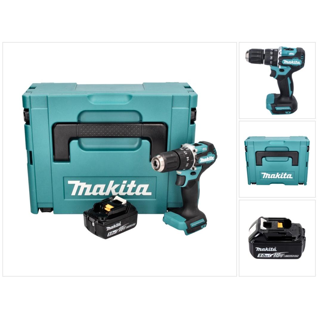Makita, Bohrmaschine + Akkuschrauber, DHP 487 T1J Akku Schlagbohrschrauber 18 V 40 Nm Brushless + 1x Akku 5,0 Ah + Makpa...