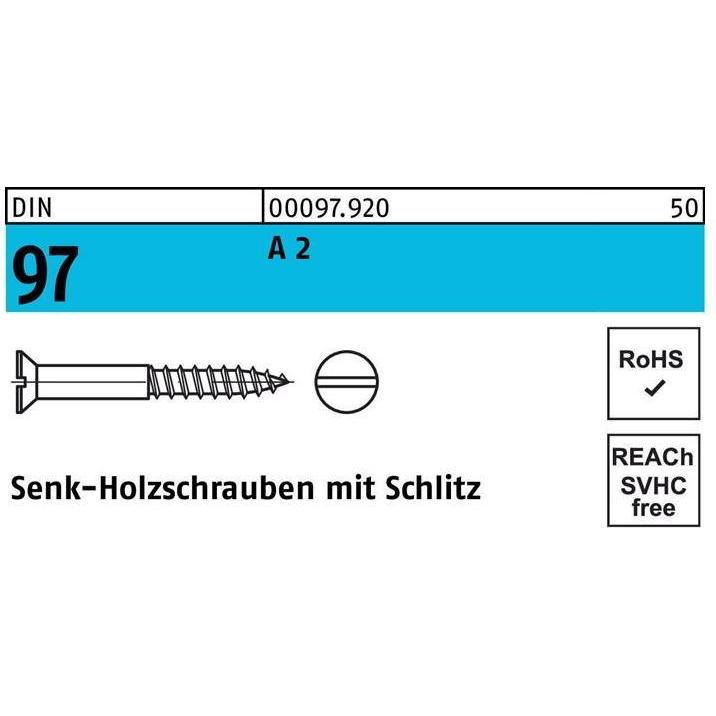 Schrauben, Holzschraube DIN 97 Senkkopf Schlitz 6 x 80 A 2 (100 Schrauben pro Stück)