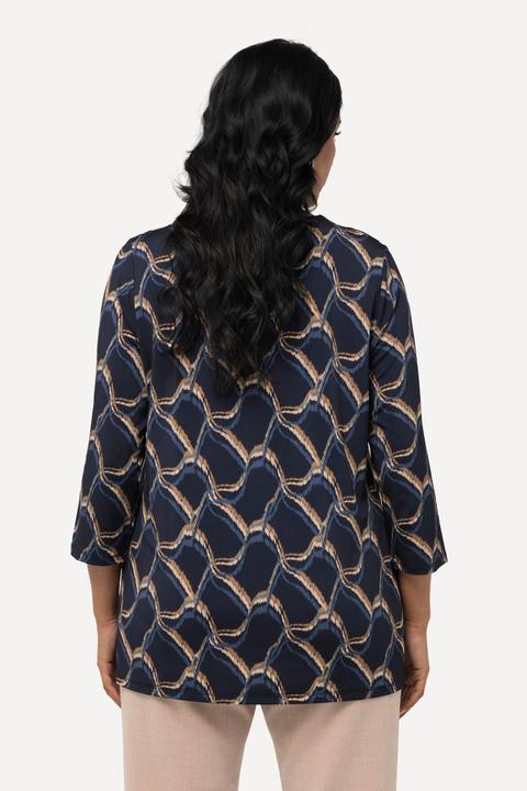 Image du produit Ulla Popken T-shirt au tombé fluide, motif vagues. Col en V et manches 3/4. Coupe Classic Fit. (50, 52)