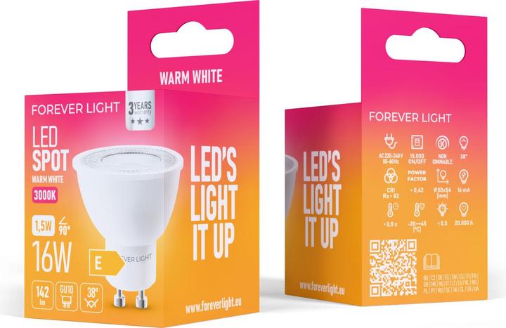 Actual product image Forever Light LED Bulb GU10 38° 1.5W 142lm 3000K class E (GU10, 142 lm, 100x)