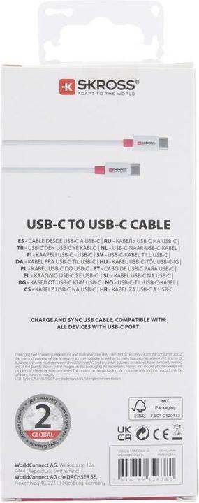 Image du produit Skross Câble USB USB-C to USB-C Cable 2.0, 1,2m blanc (1.20 m, USB 2.0, 36 W)