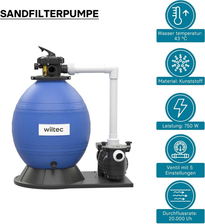 Produktbild Wiltec Sandfilteranlage 750W 71l Filtertank 20000l/h Pool Pumpe Filterpumpe