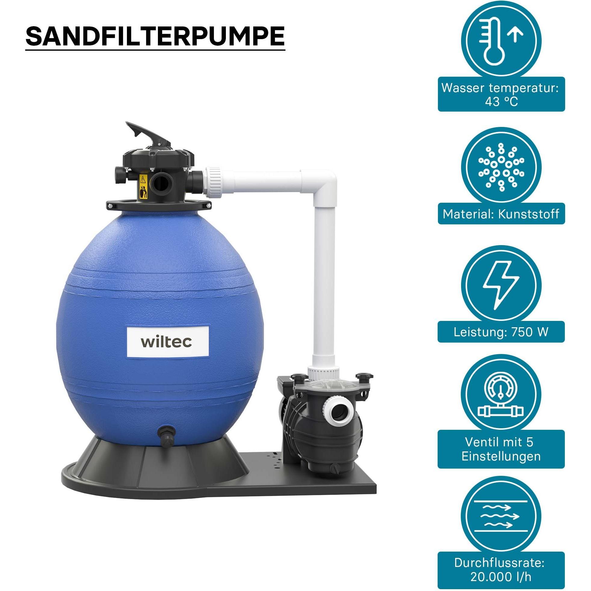 Thumbnail - Wiltec, Pooltechnik, Sandfilteranlage 750W 71l Filtertank 20000l/h Pool Pumpe Filterpumpe