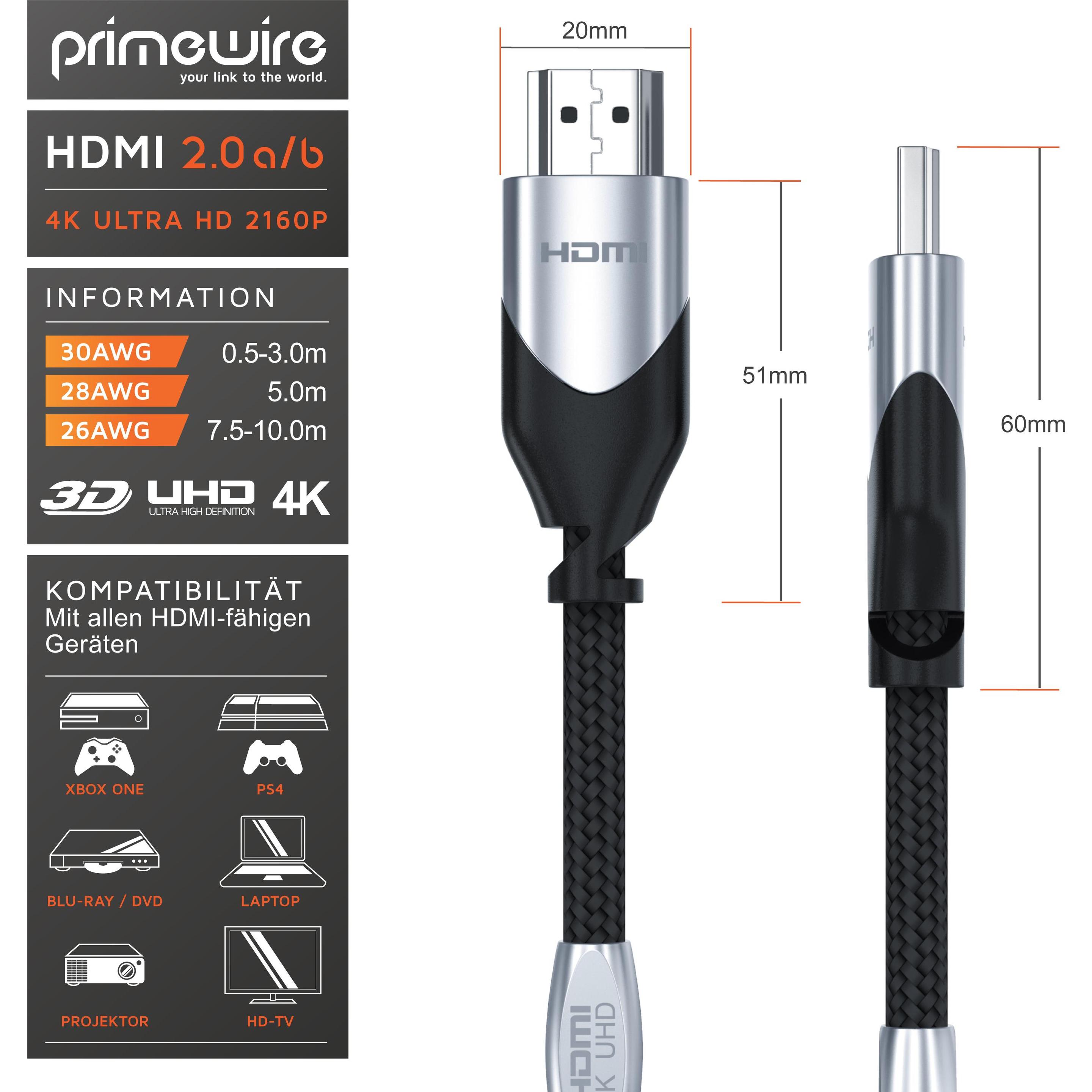 Thumbnail - Primewire HDMI Kabel 2.0b - 4k 60Hz Ultra HD - Ethernet Highspeed - 3 fach geschirmt - Full HD - 3D - ARC (3 m, HDMI), V...