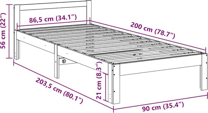 Image du produit VidaXL Lit en bois massif sans matelas 90x200 pin Cadre de lit (90 x 200 cm)