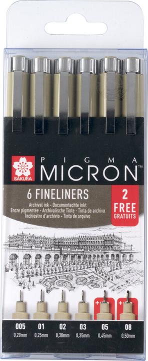 Actual product image Sakura 4 + 2 GRATIS: Pigma Micron Fineliner schwarz 0,2 + 0,25 + 0,3 + 0,35 + 0,45 + 0,5 mm, 4 St. + (Black, 4x)