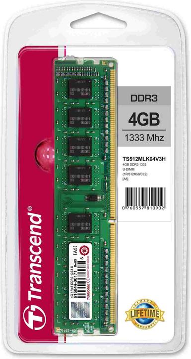 Immagine prodotto Transcend Memoria 4 GB (1 x 4GB, 1333 MHz, DDR3-RAM, DIMM)