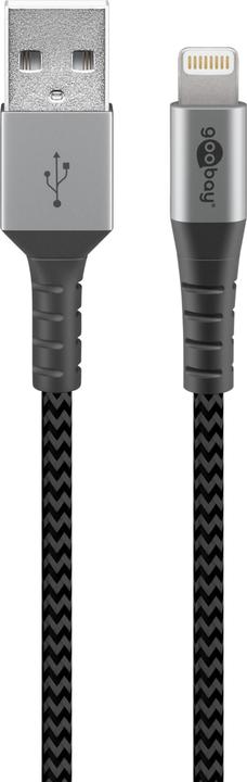 Actual product image Goobay Lightning to USB-A textile cable with metal plugs (space gray/silver) 2 m, 2 m, black-gray (2 m, USB 2.0)