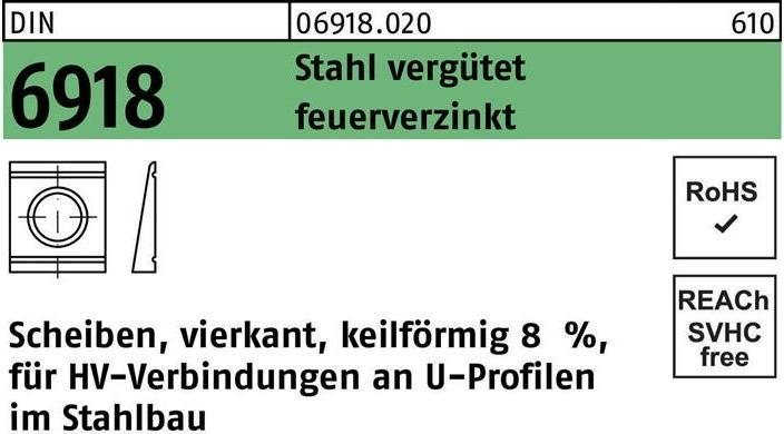 Peiner Rondelle DIN 6918 ÜH carrée conique 25 Acier C45 galvanisé à chaud