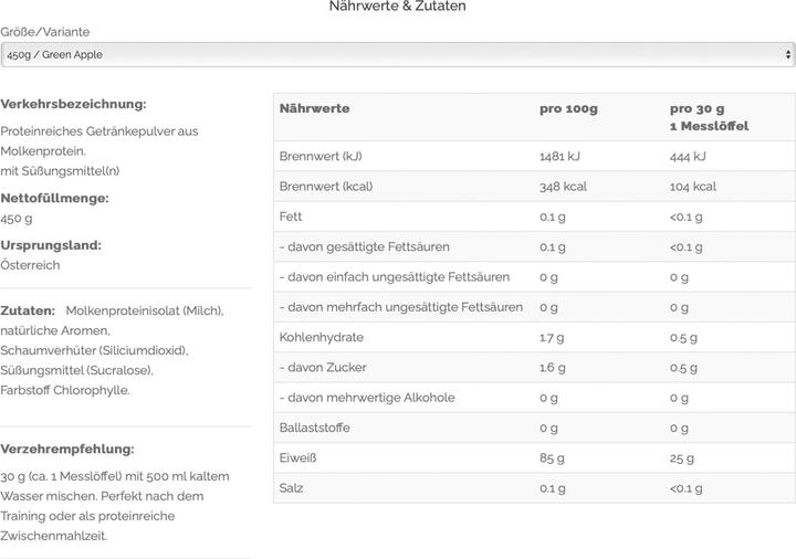 Valori nutrizionali e ingredienti Vast AWHEY Clear (Mela, 1 x, 450 g)