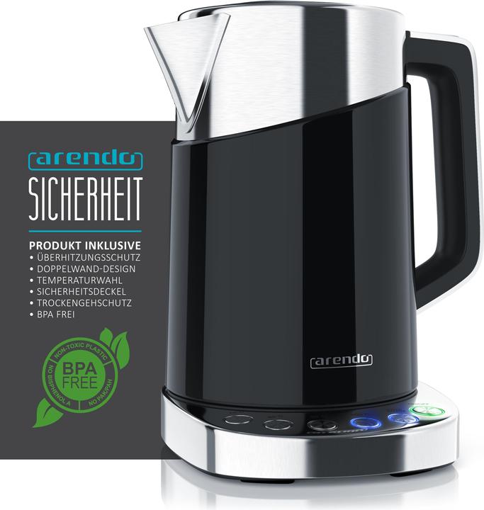 Produktbild Arendo Wasserkocher 1,7 l, 3000 W, Edelstahl, Schnellkoch Funktion, Temperatureinstellung 70° C - 100° C (1.70 l)