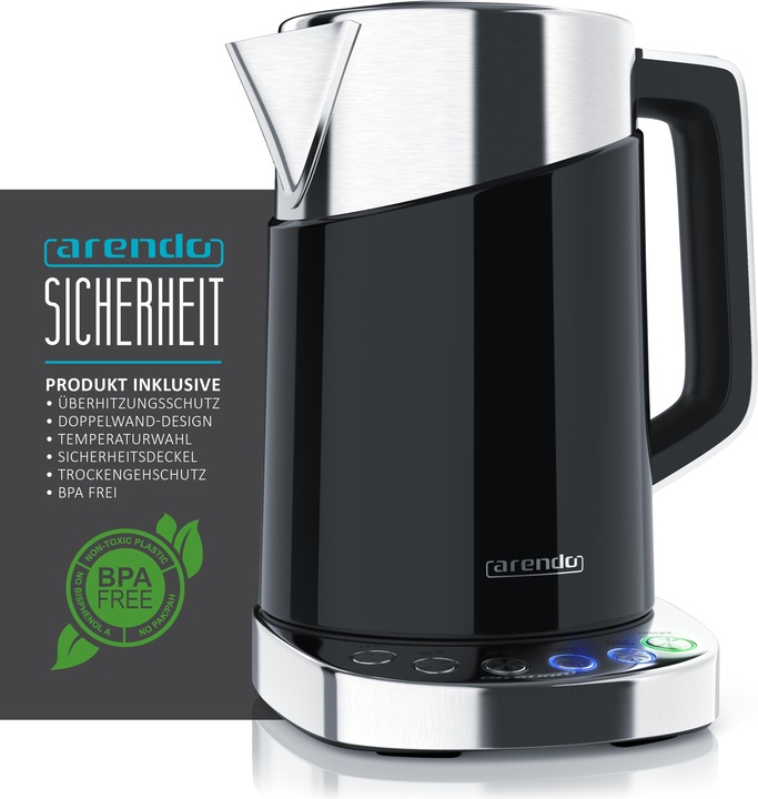 Actual product image Arendo Kettle 1.7 l, 3000 W, stainless steel, quick-boil function, temperature setting 70Â° C - 100Â° C (1.70 l)