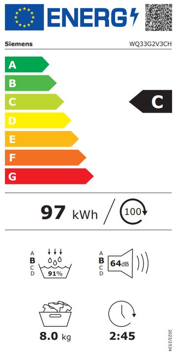 Etichetta energetica Siemens WQ33G2V3CH (8 kg, A destra)