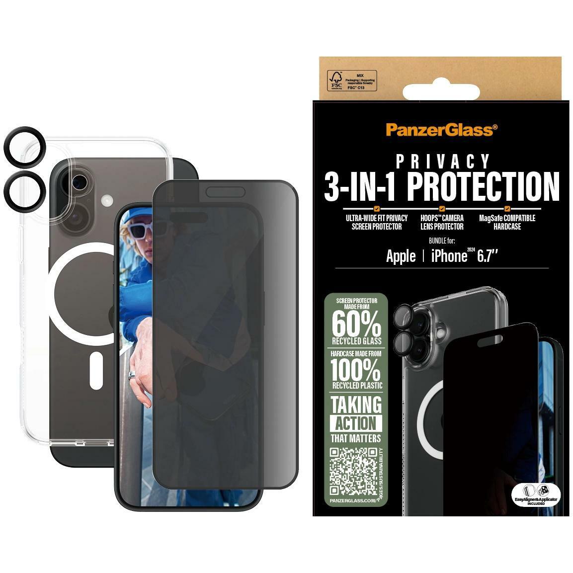 PanzerGlass Privacy (1 Stück, Apple iPhone 16 Plus), Smartphone Schutzfolie, Transparent