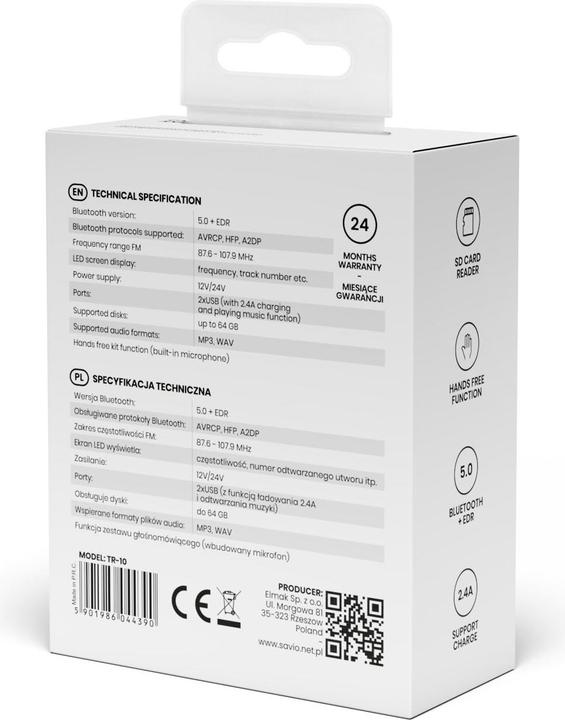 Actual product image Savio Bluetooth FM Transmitter TR-10 FM 87 6 - 107 9 MHz Black