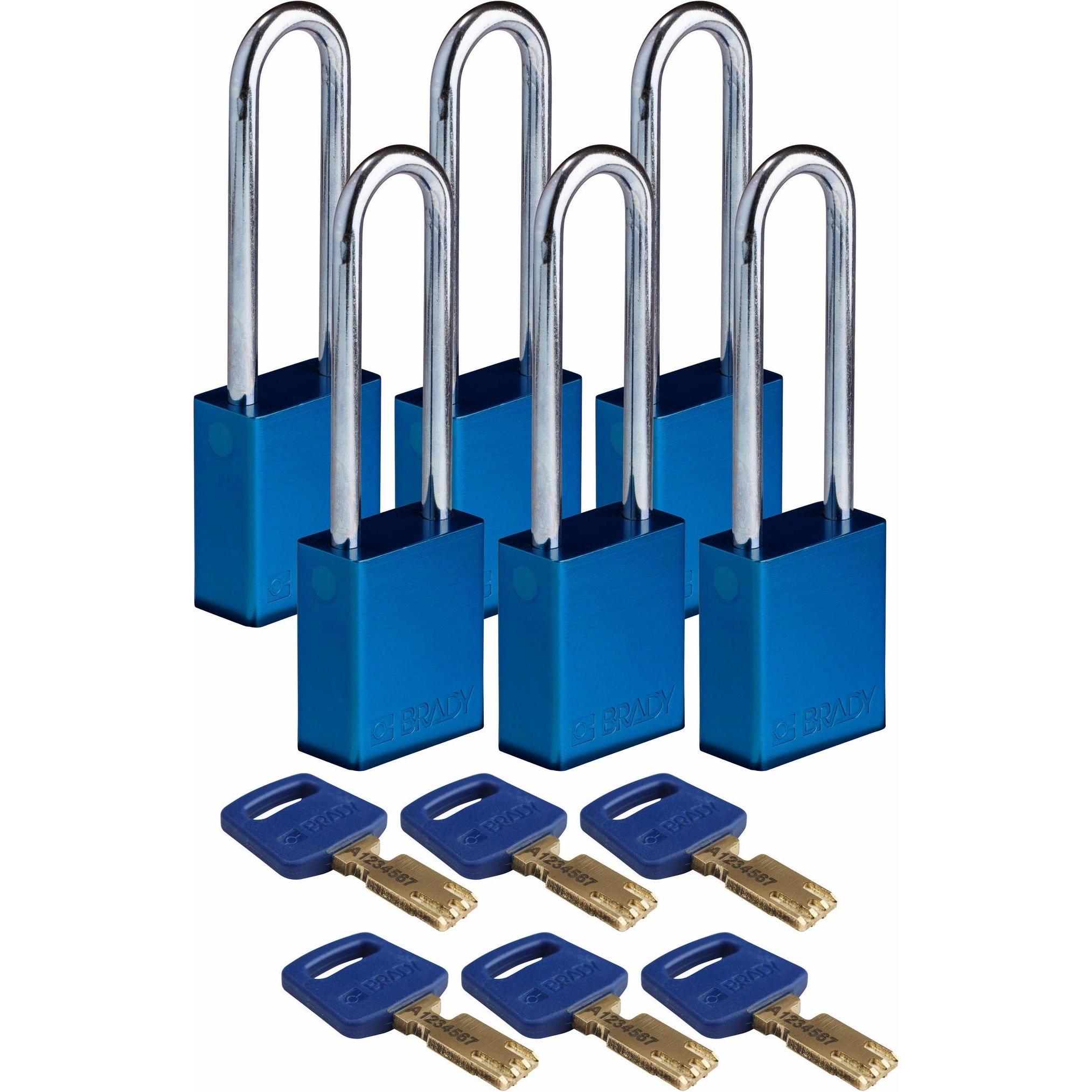 Brady, Vorhängeschloss, Safekey Aluminium-Vorhängeschloss mit Stahlbügel, Blau, 76 mm Bügelhöhe, 6.4 mm Bügeldurchme