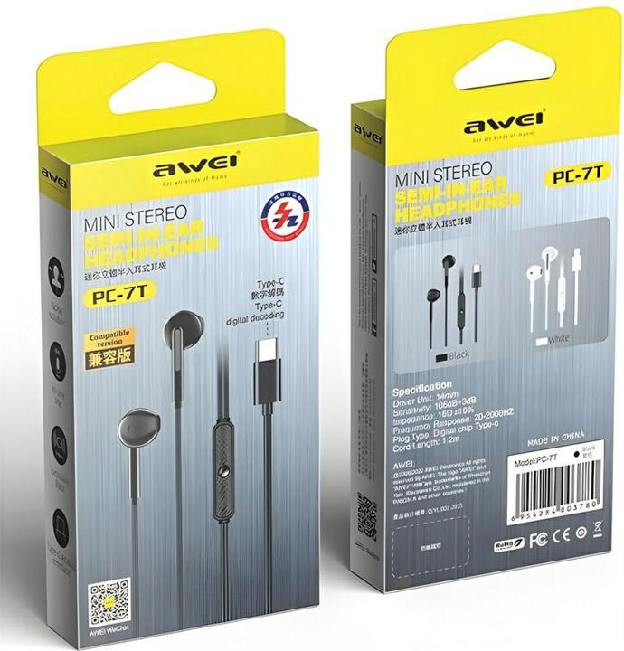 Actual product image Awei słuchawki stereo PC-7T USB-C 1.2m czarny/black (Cable)