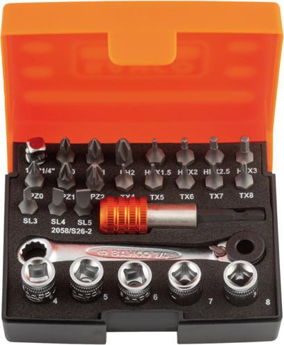 Produktbild Bahco Bit-Steckschlüssel-Satz mit kleiner 1/4" Bit-Knarre und Adaptern für Schlitz/Phillips/Pozidriv/TOR (5 mm)