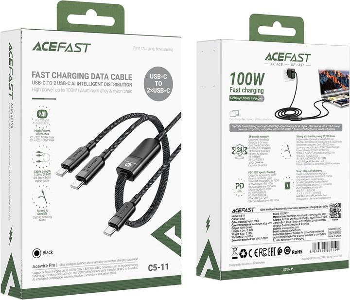 Image du produit Acefast C5 USB-C - Câble USB-C / USB-C 2in1 100W 480Mb/s - noir (1.20 m, 100 W)