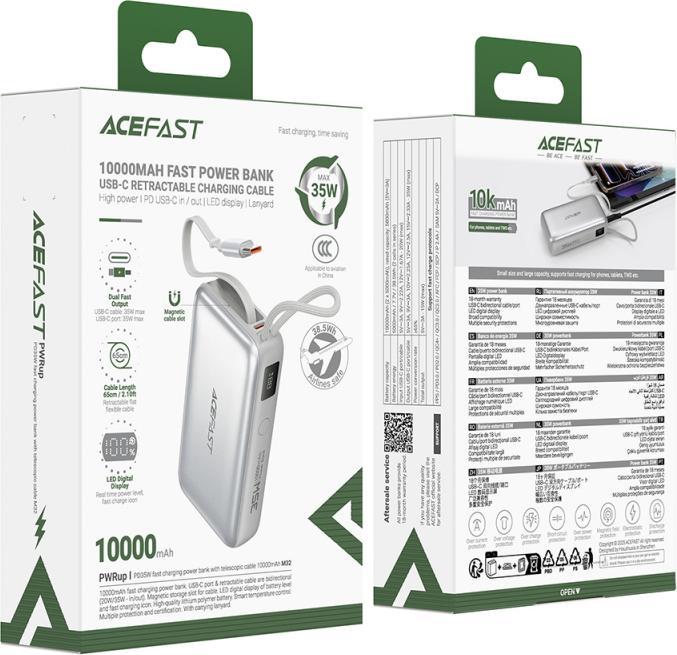Actual product image Acefast - Power Bank (M32) - with Telescopic Cable, Type-C, Fast Charge, PD35W, 10000mAh - Silver (10000 mAh, 35 W)