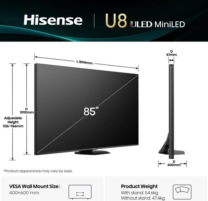Image du produit Hisense TV 85U8Q (85", U8KQ, LED, Mini-LED, 4K, 2025)