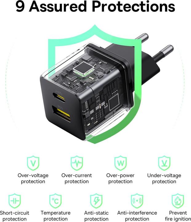 Image du produit Baseus Chargeur USB et USB-C Palm 20W UE noir (20 W, 2 ports)