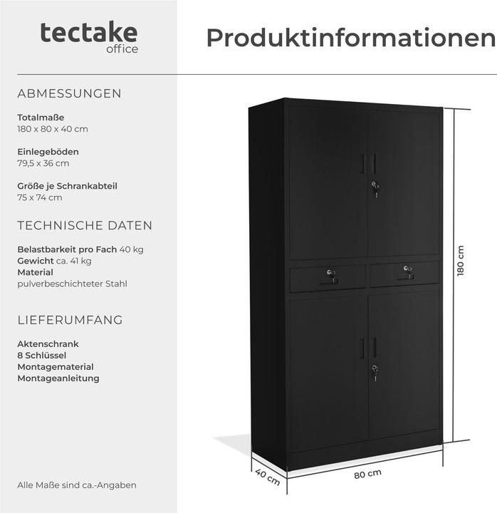 Produktbild tectake Aktenschrank (80 x 40 x 180 cm)