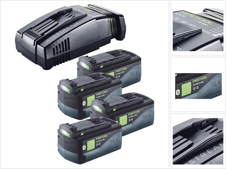4x Festool BP 18 Li 5,0 ASI EU Akkupack 18 V 5,0 Ah (577660), 1x Festool SCA 16 Schnellladegerät 10,8 V - 18 V (576953)