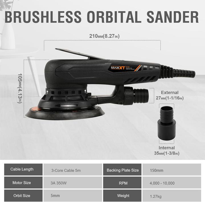 Actual product image Maxxt Brushless Random Orbital Sander with Electronic Brake, Dual Pads, 6 Speeds (Eccentric grinder, 350 W)
