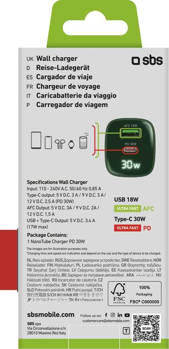 Etichetta energetica SBS Caricabatterie da parete con schermo LCD, 1 uscita USB-C PD 30W, 1 uscita USB-A 18W (30 W)
