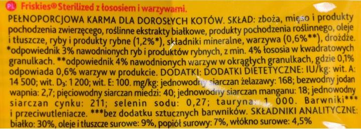 Valeurs nutritives et ingrédients Friskies saumon stérile, légumes 1,5 kg (Adulte, 1 pcs, 1500 g)