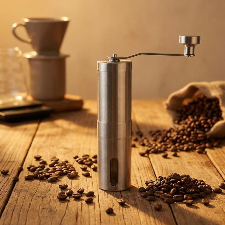 Ideoon Robuste Handkaffeemühle Edelstahl mit Keramikmahlwerk, stufenlose Mahlgrad-Einstellung